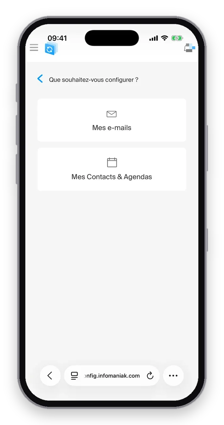Assistant Infomaniak : la question Que souhaitez-vous configurer, avec Mes e-mails et Mes Contacts et Agendas