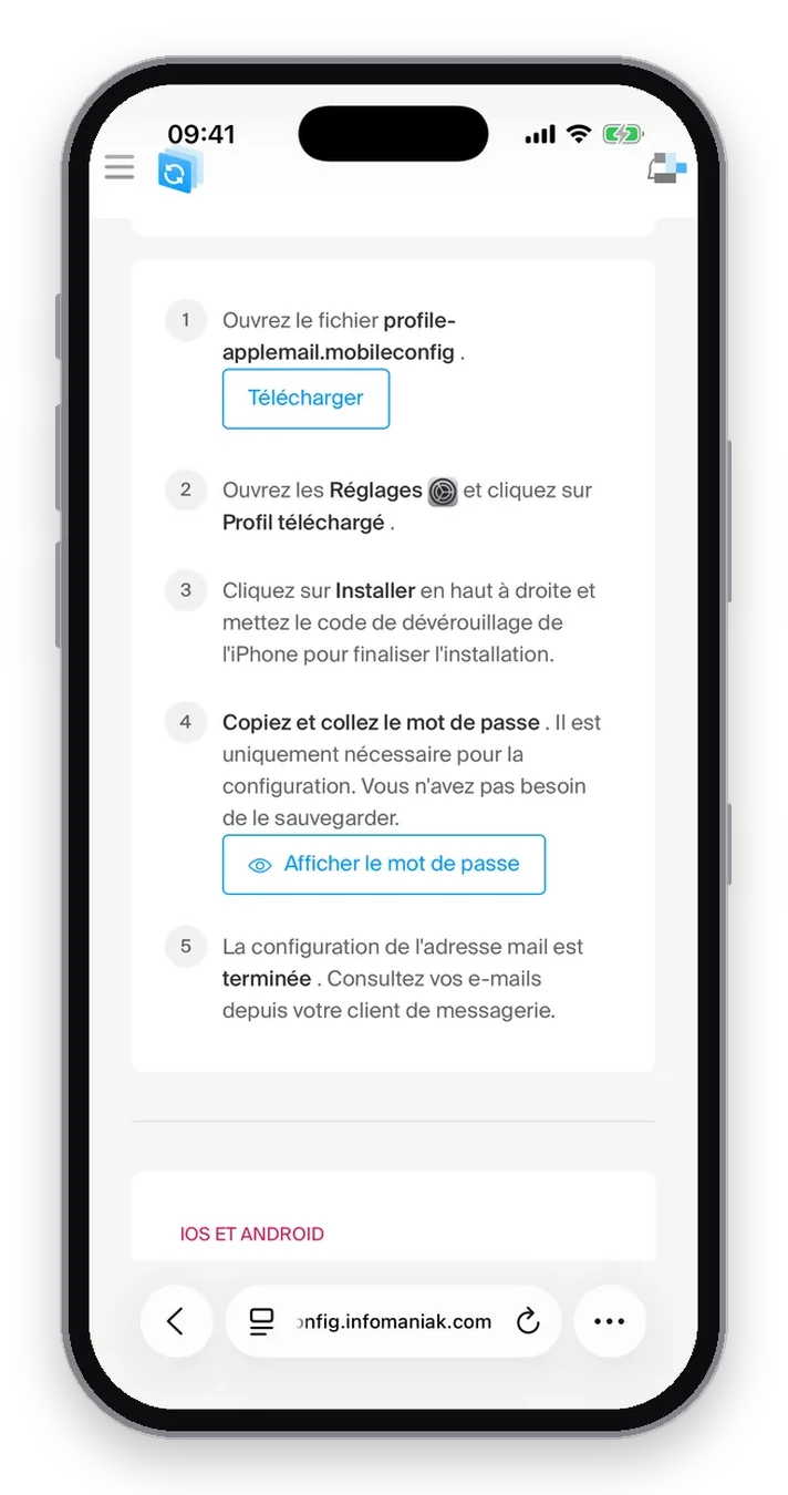 Assistant Infomaniak : les cinq étapes, avec les boutons Télécharger et Afficher le mot de passe