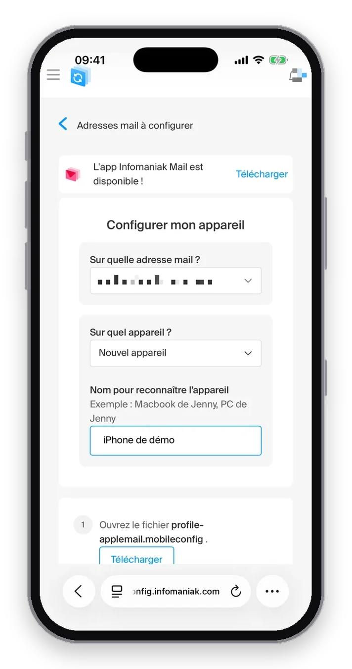 Assistant Infomaniak : l'adresse choisie, Nouvel appareil et le champ Nom pour reconnaître l'appareil