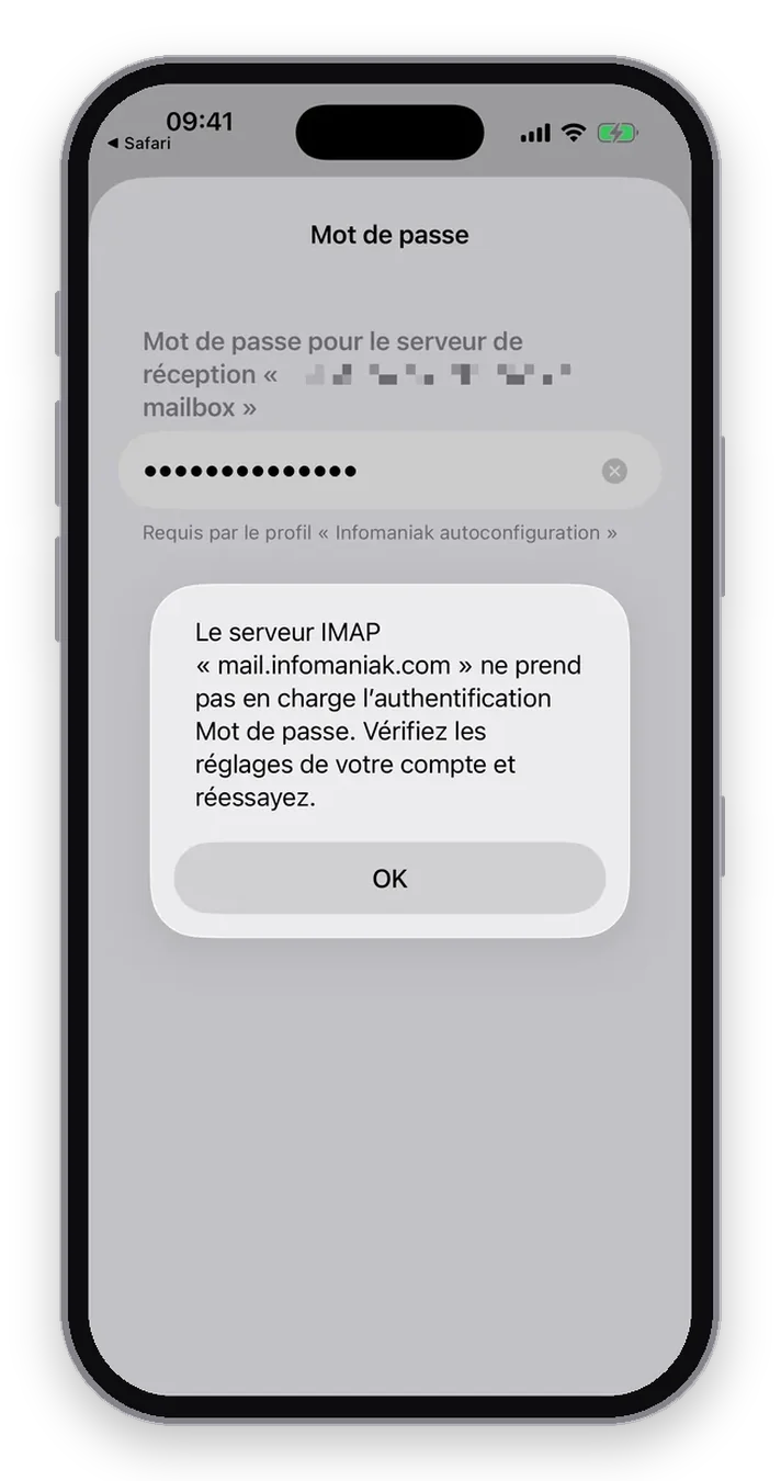 Le message d'erreur iOS : le serveur IMAP mail.infomaniak.com ne prend pas en charge l'authentification Mot de passe