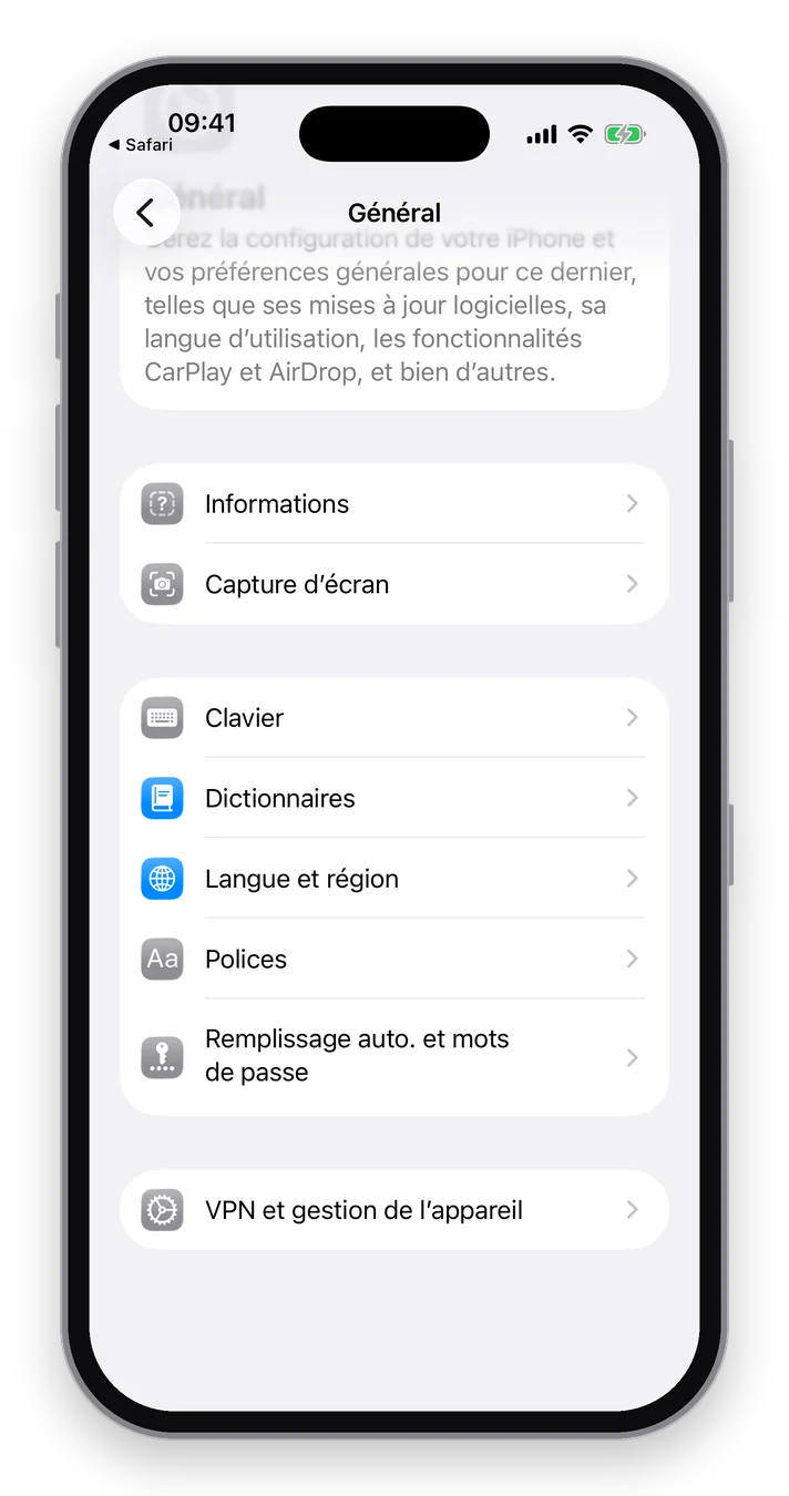 Réglages iOS, Général : la ligne VPN et gestion de l'appareil