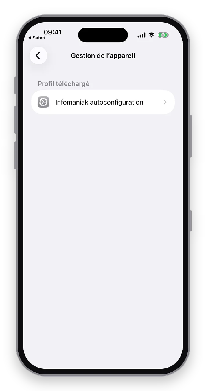L'écran Gestion de l'appareil qui liste le profil Infomaniak autoconfiguration