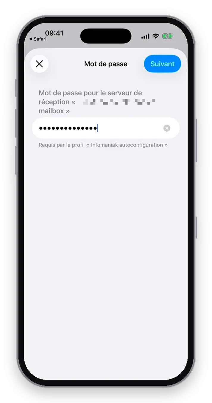 L'écran Mot de passe d'iOS qui demande le mot de passe du serveur de réception