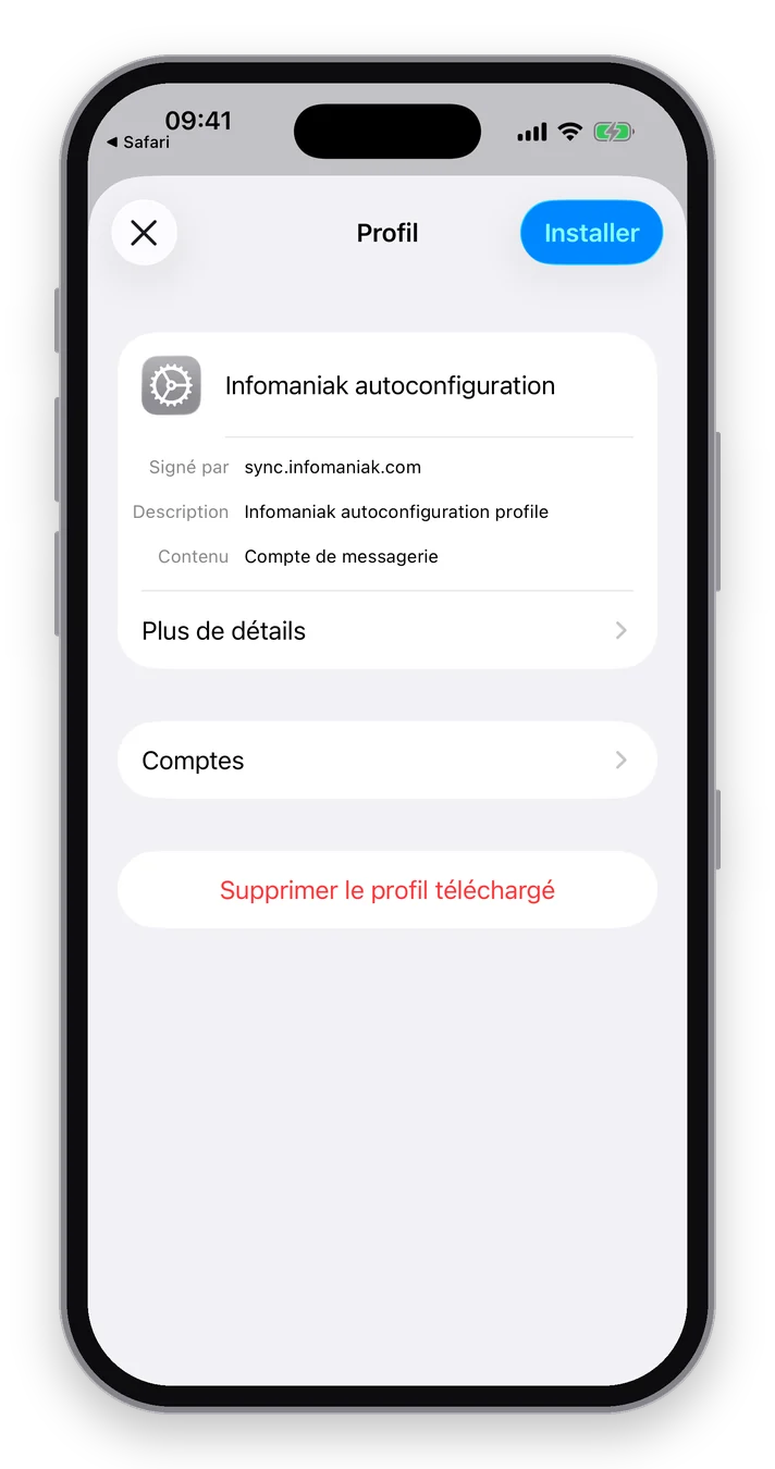 Le profil Infomaniak autoconfiguration, signé par sync.infomaniak.com, avec le bouton Installer