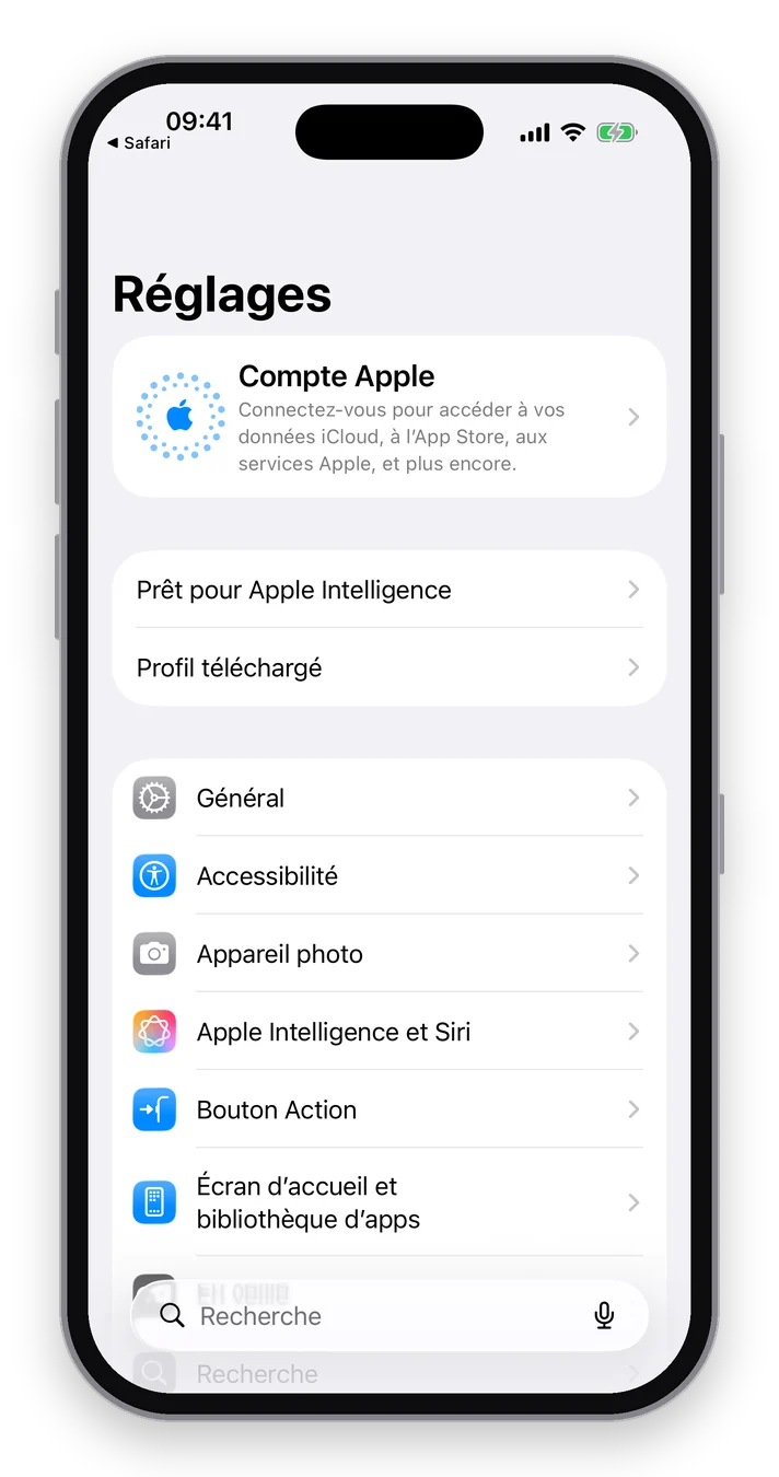 Réglages iOS : la ligne Profil téléchargé sous le compte Apple