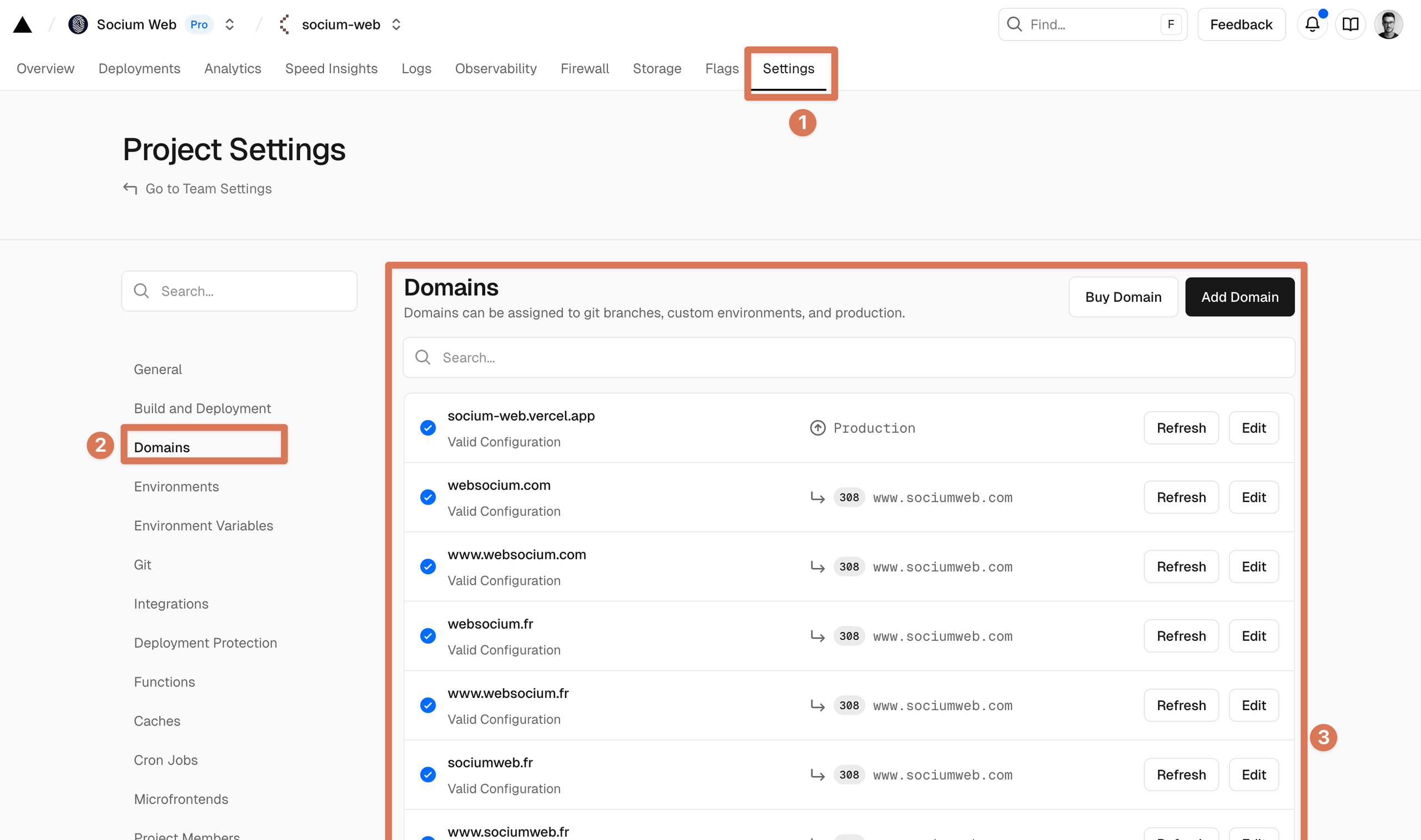 Interface Vercel pour ajouter un nouveau domaine personnalisé