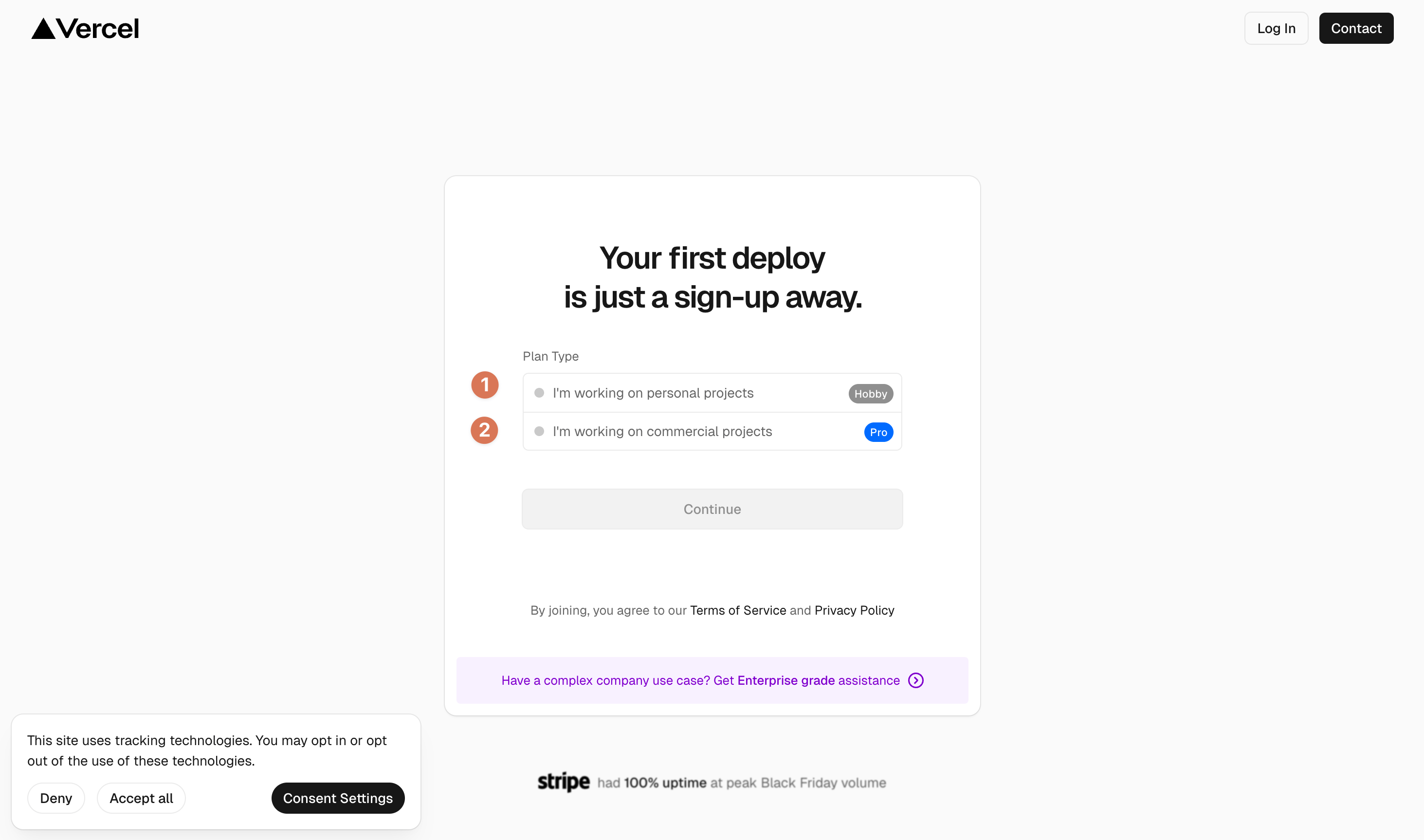 Interface de sélection du plan Vercel montrant les options Hobby et Pro avec leurs descriptions respectives