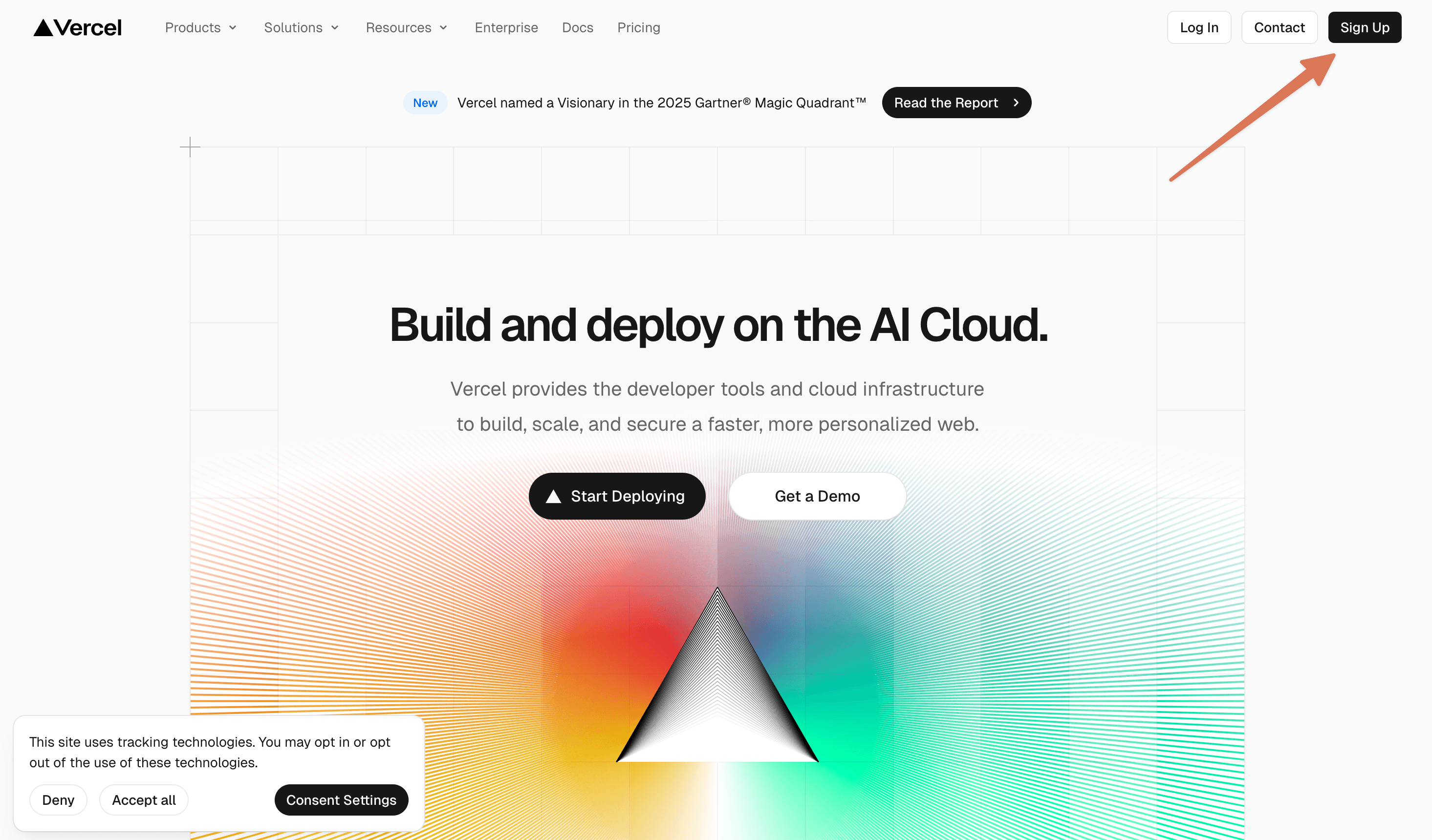 Page d'accueil de Vercel montrant le bouton Sign Up en haut à droite de la navigation