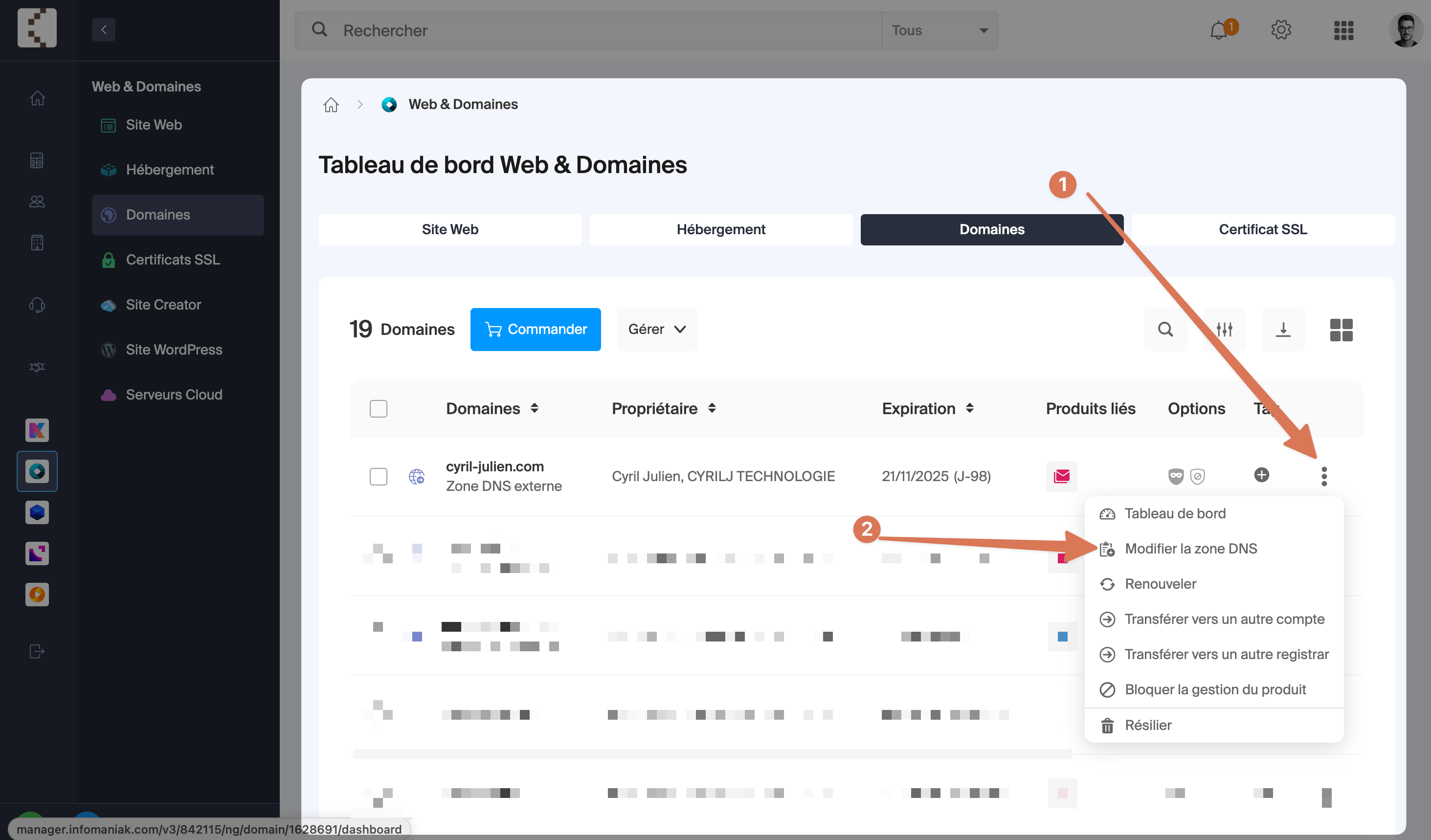 Interface Infomaniak - Accès à la gestion des domaines