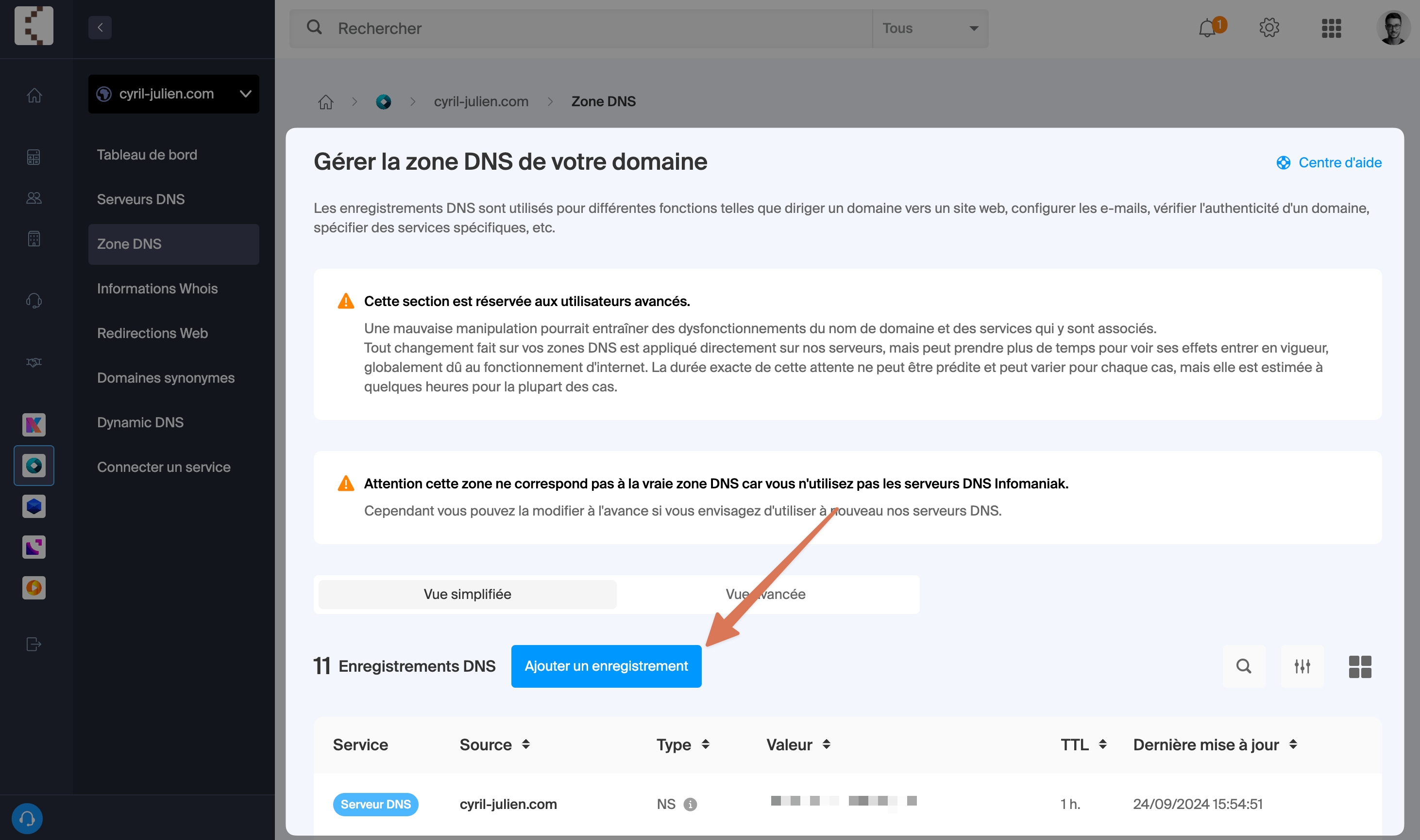 Interface Infomaniak - Zone DNS du domaine
