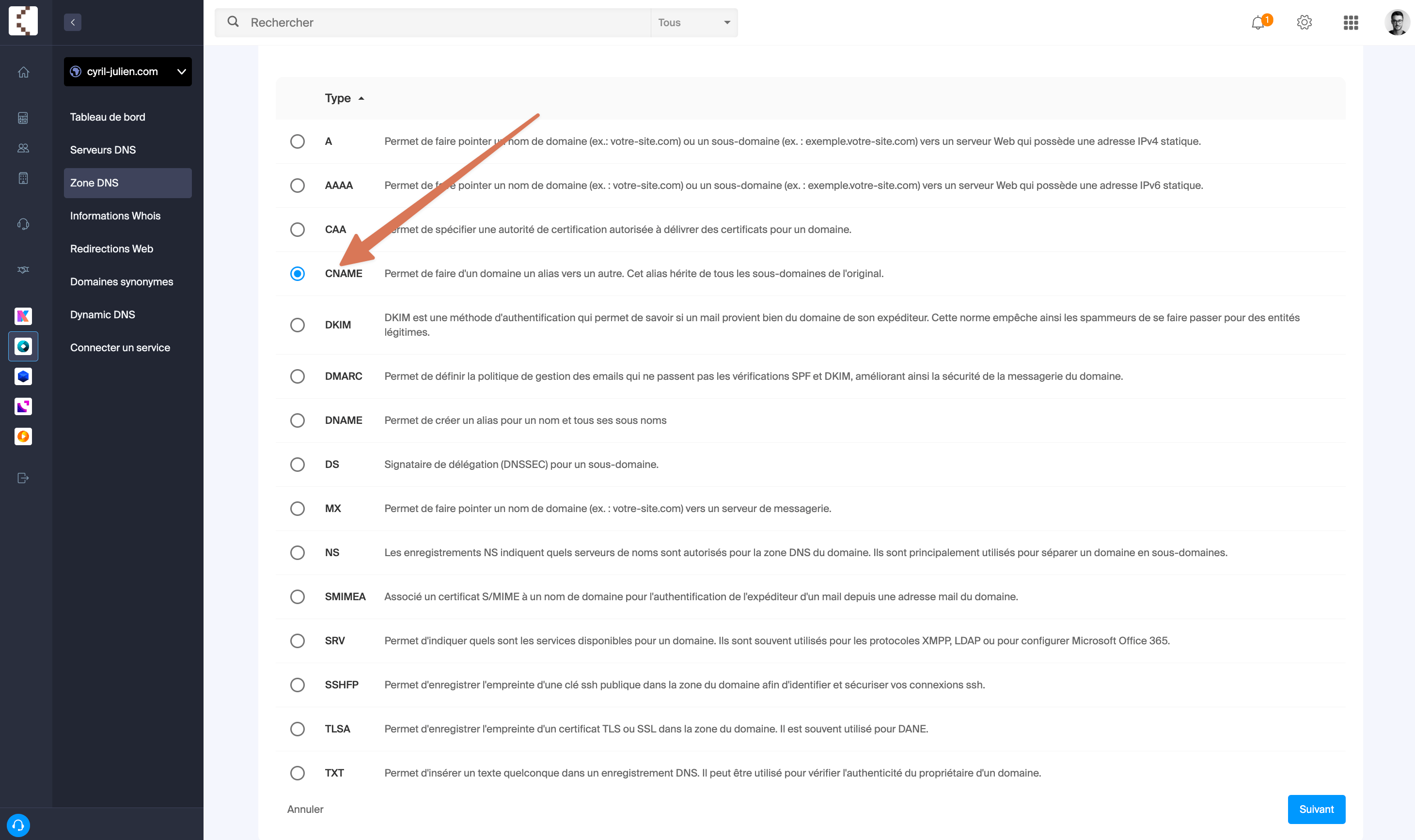 Confirmation de l'ajout des enregistrements DNS