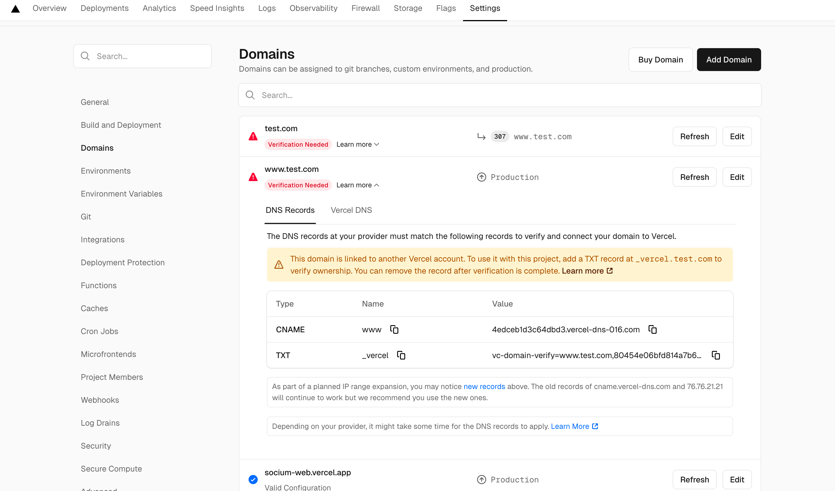 Statut de vérification du domaine sur Vercel